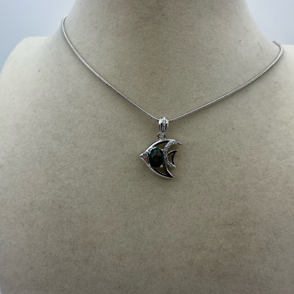 Silver Fish Pendant Necklace with Opal on Chain - Picture 4 of 9